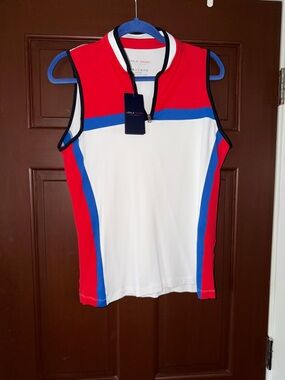 Sleeveless Sport Polo Tank - Red/White/Blue